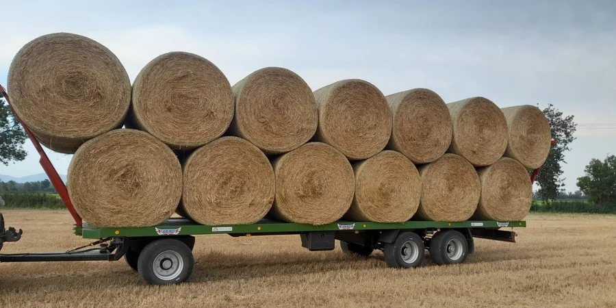 Plataforma Gaher carregada amb dues fileres de bales rodones de palla, en un camp de rostoll